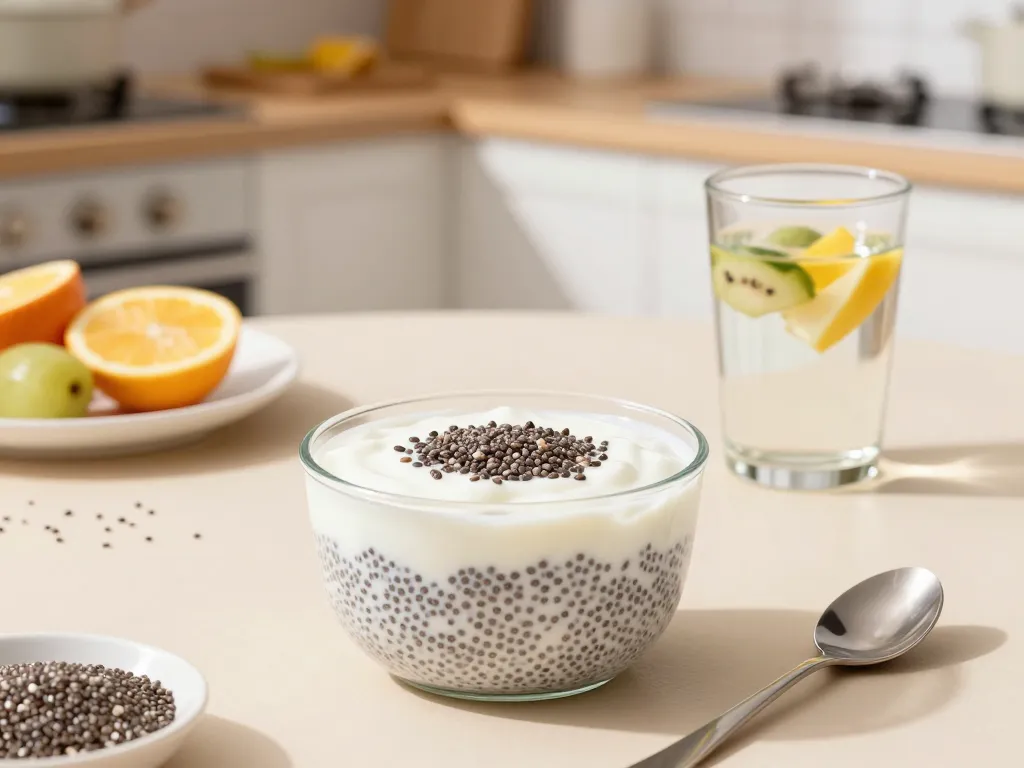 graine de chia et constipation, pudding et yaourt sur table du matin