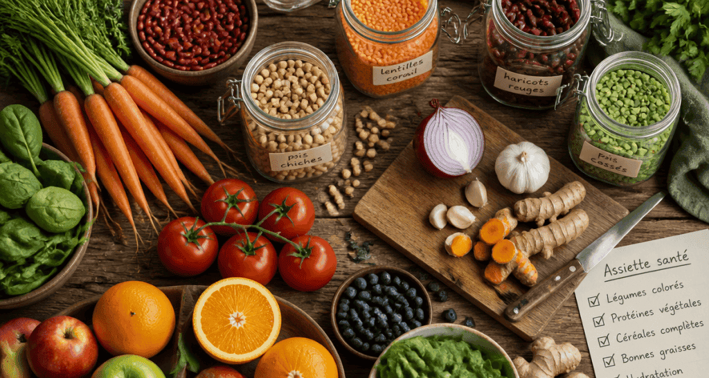 aliment bon pour la santé sur table de légumes et fruits