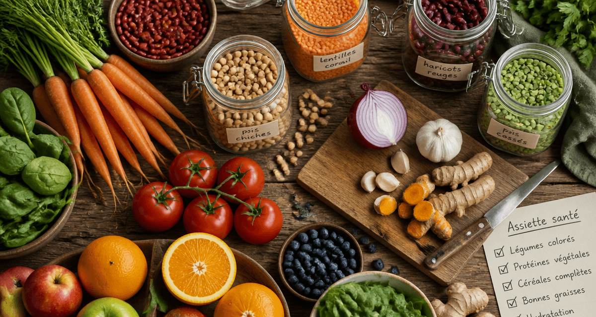 aliment bon pour la santé sur table de légumes et fruits