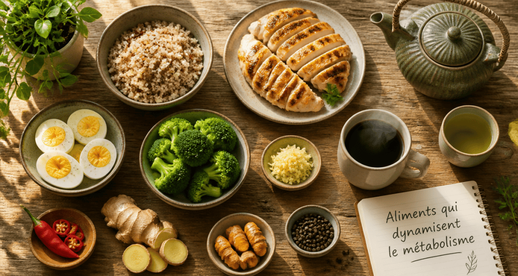 aliments qui boostent le métabolisme présentés sur table