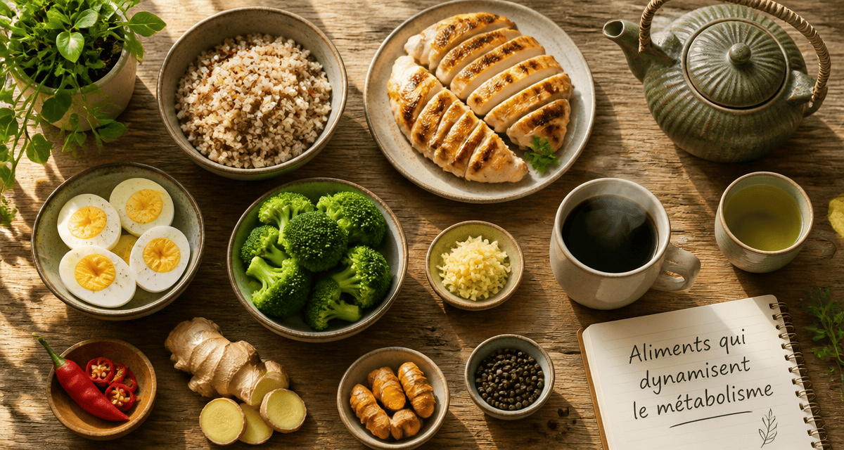 aliments qui boostent le métabolisme présentés sur table