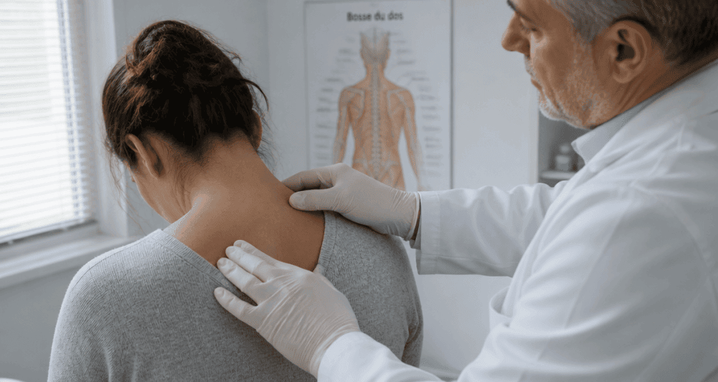 bosse dans le dos chez une femme examinée par un médecin