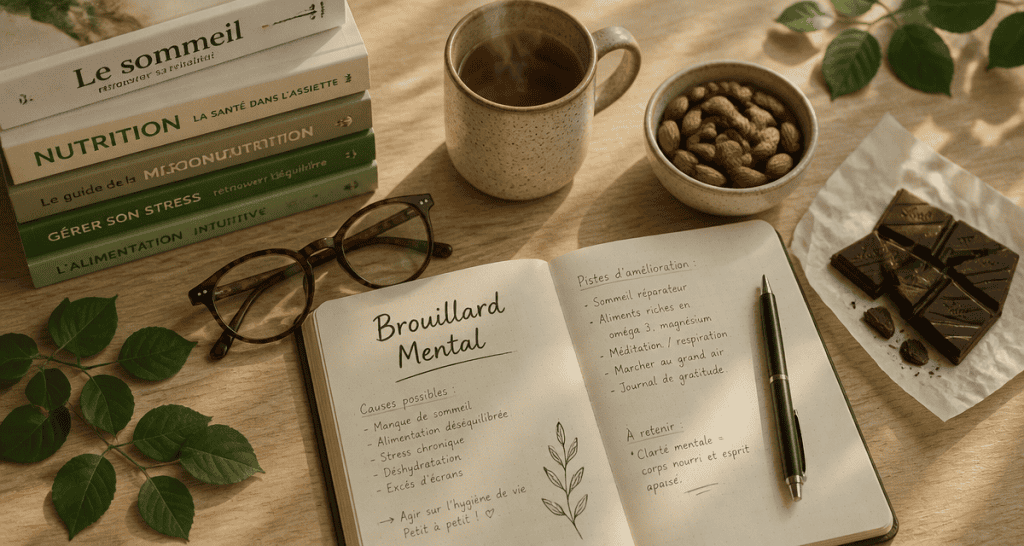 Bureau pour retrouver de l energie mentale avec carnet et aliments
