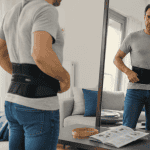 Homme ajuste ceinture dorsale homme devant miroir
