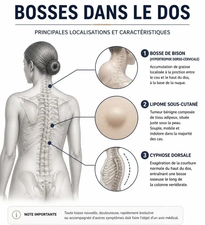 Schéma anatomique des différentes bosses dans le dos : bosse de bison, lipome et cyphose