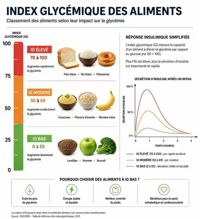 Infographie sur l'index glycémique des aliments et impact sur la glycémie