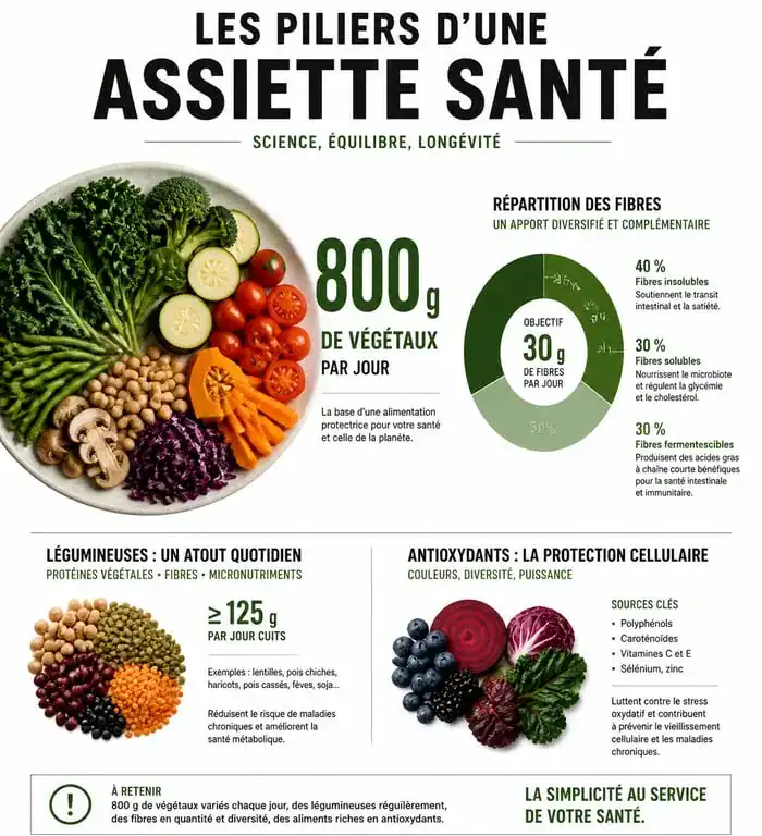 Infographie sur les bienfaits d'une alimentation saine et les repères de consommation d'aliments bons pour la santé