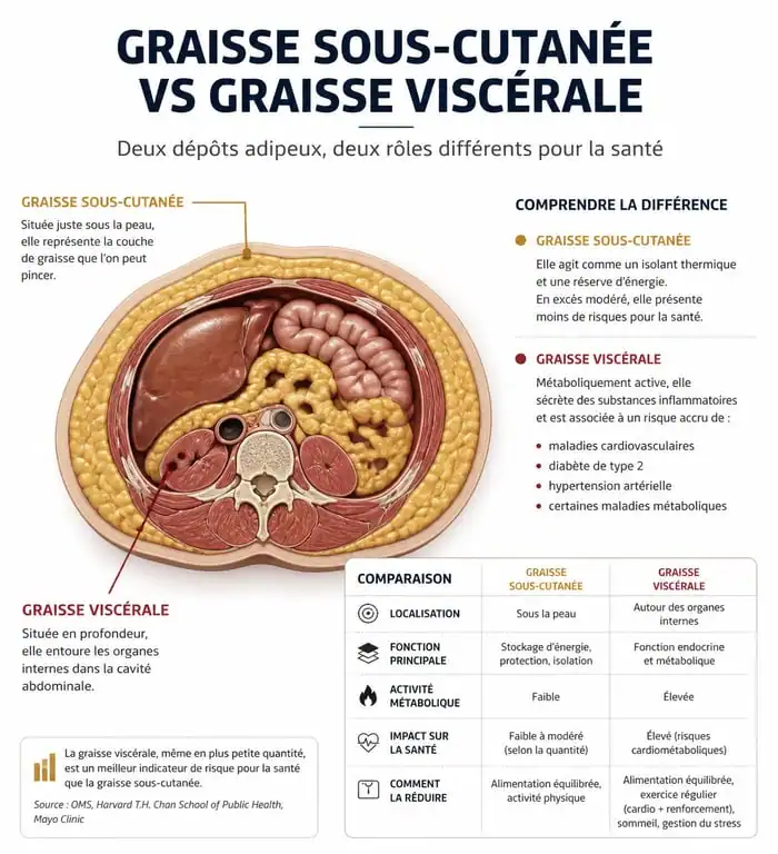 Schéma explicatif de la différence entre graisse sous-cutanée et graisse viscérale pour maigrir du ventre
