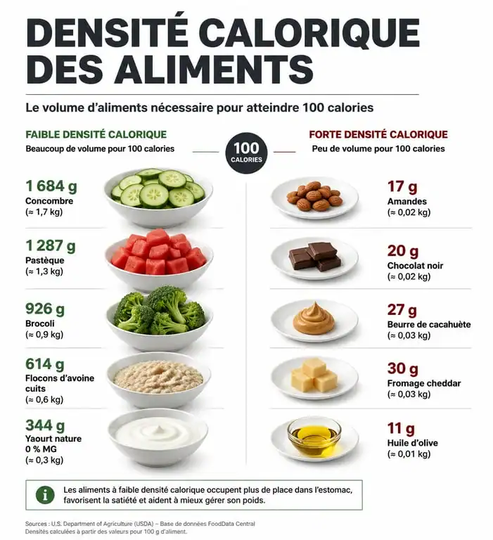Infographie sur la densité calorique des aliments faibles en calories pour une alimentation équilibrée