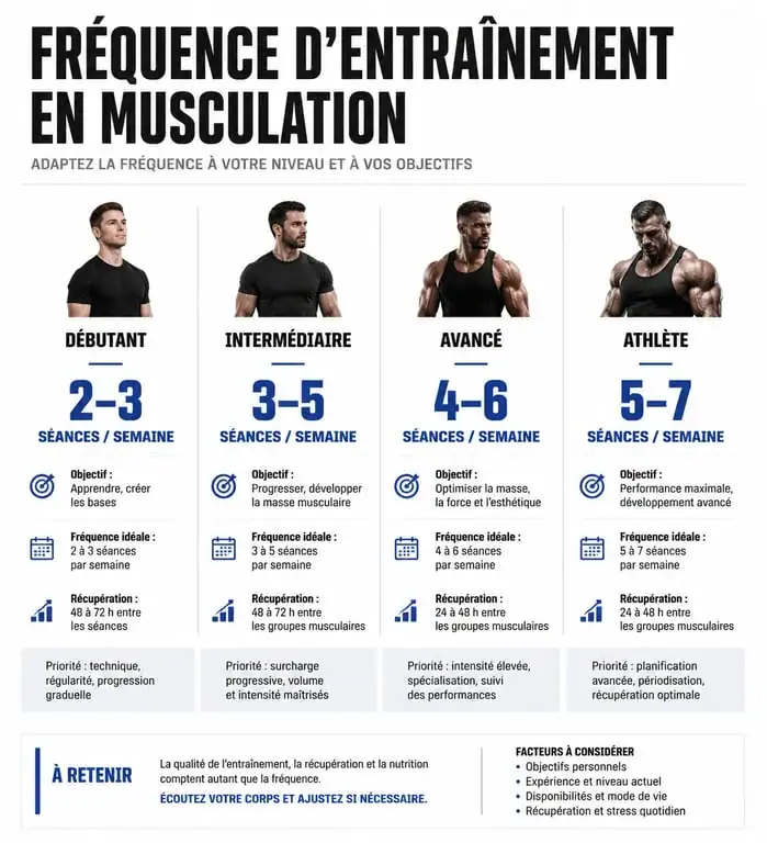 Infographie des fréquences d'entraînement en musculation selon le niveau du pratiquant