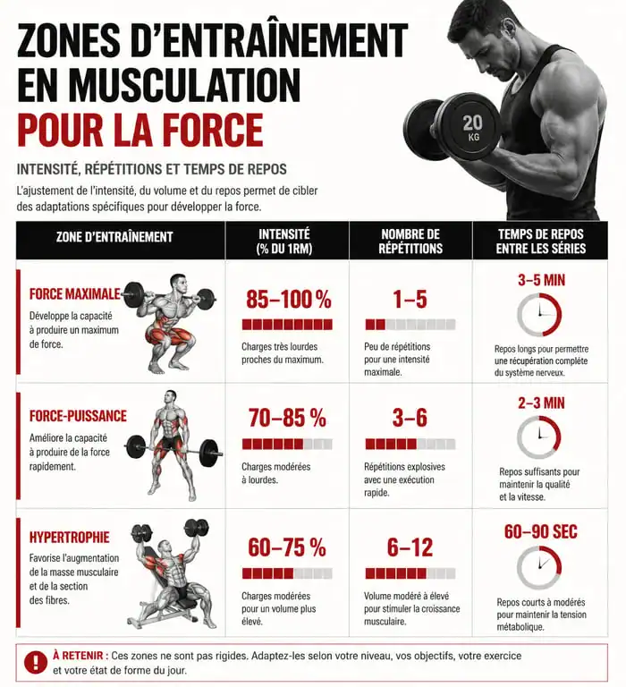 Infographie des zones d'entraînement en musculation pour la force maximale
