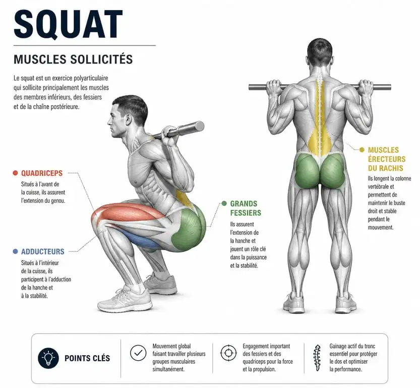 Schéma anatomique des muscles sollicités lors du squat