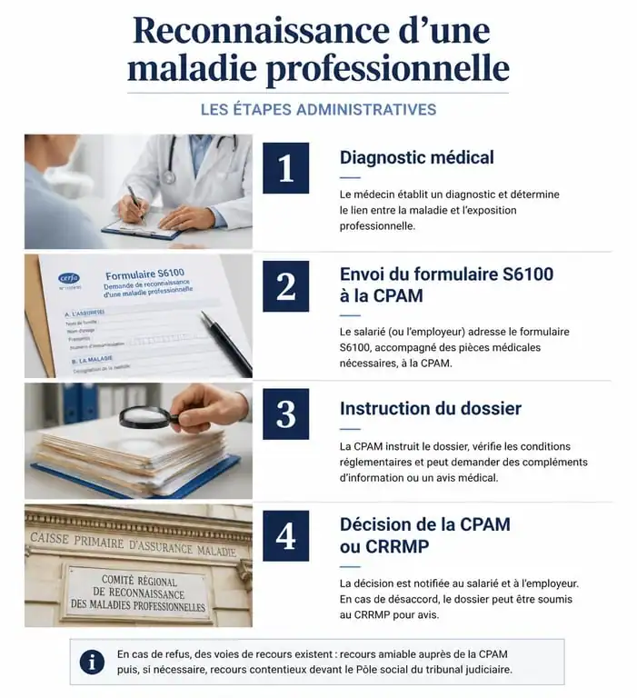 Infographie des étapes de reconnaissance en maladie professionnelle pour une tendinopathie du supra épineux