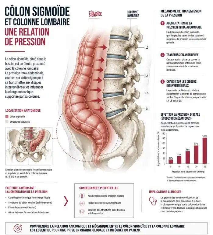 Schéma anatomique illustrant le lien entre la constipation et le mal de dos lombaire