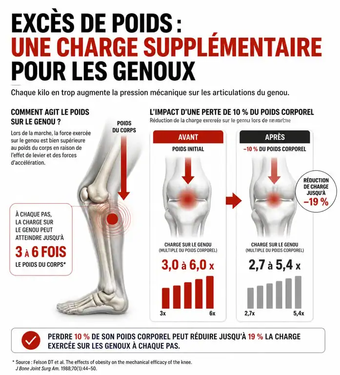 Infographie sur le lien entre perte de poids et douleurs articulaires et réduction de la pression sur les genoux