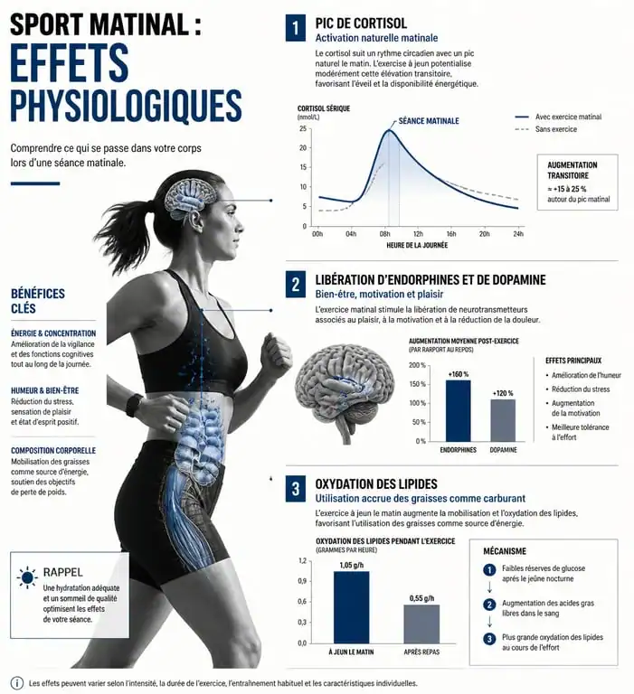Infographie sur les bienfaits physiologiques du sport matinal et l'impact sur le métabolisme
