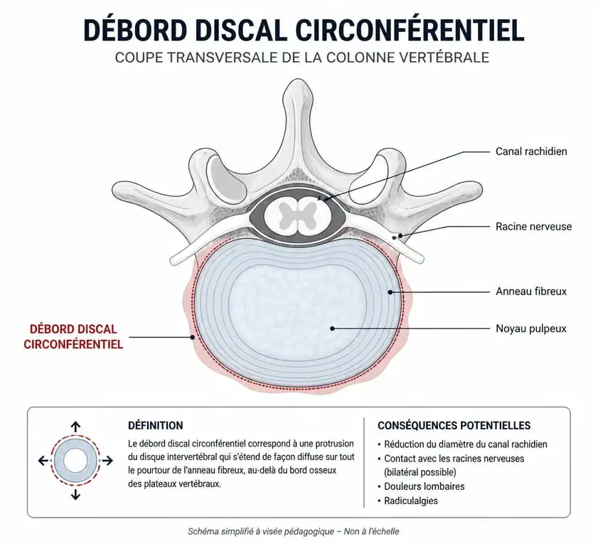 Schéma anatomique illustrant un débord discal au niveau d'un disque intervertébral