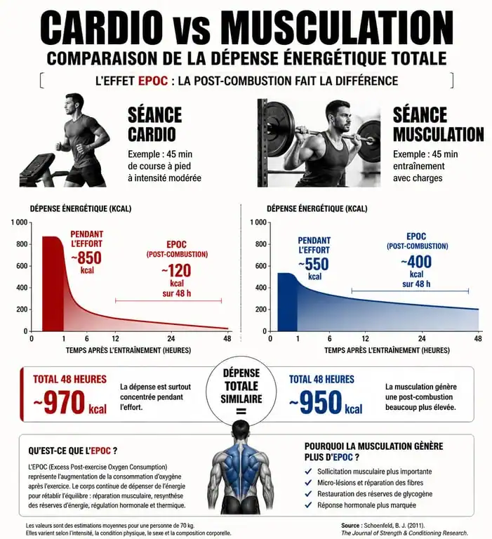Infographie comparant la dépense calorique et l'effet EPOC entre musculation et cardio pour maigrir