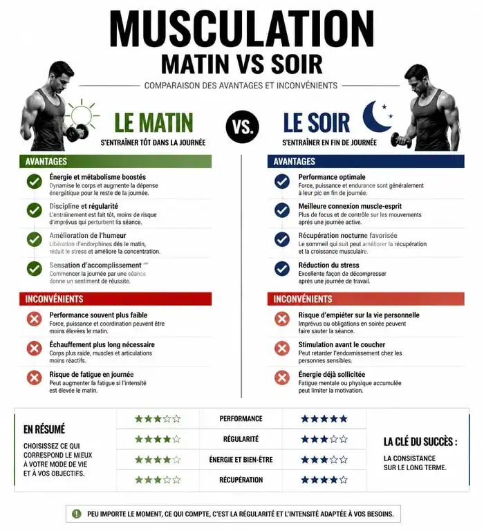 Infographie comparative musculation le matin vs soir