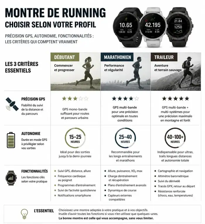 Infographie comparative des critères de choix pour une montre running GPS