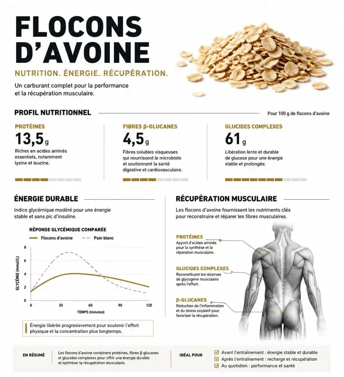 Infographie sur les bienfaits des flocons d'avoine pour la musculation et la prise de masse