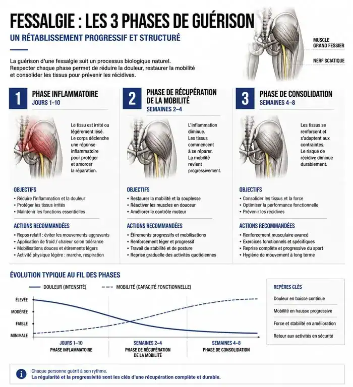 Infographie des phases de guérison d'une fessalgie et durée de récupération