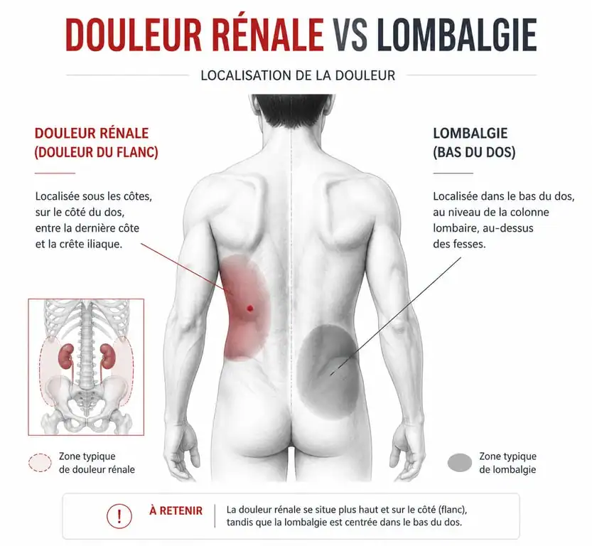 Schéma anatomique illustrant la différence entre douleur rénale et mal de dos pour comprendre les symptômes d'urine foncée et mal de dos.
