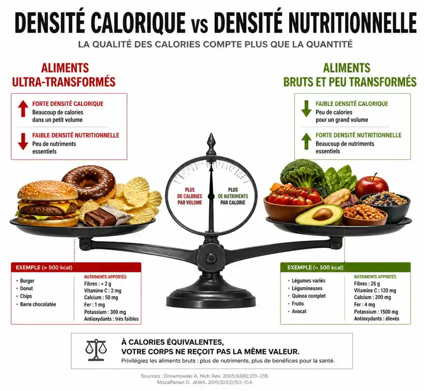 Infographie comparant la densité nutritionnelle et calorique pour la perte de poids