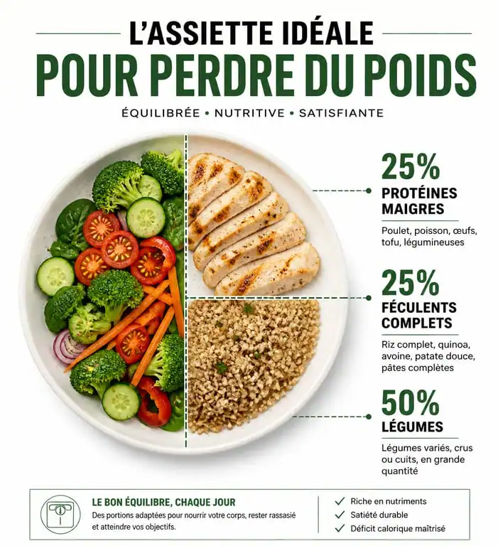 Infographie de la répartition idéale d'une assiette pour un plan alimentaire pour perte de poids