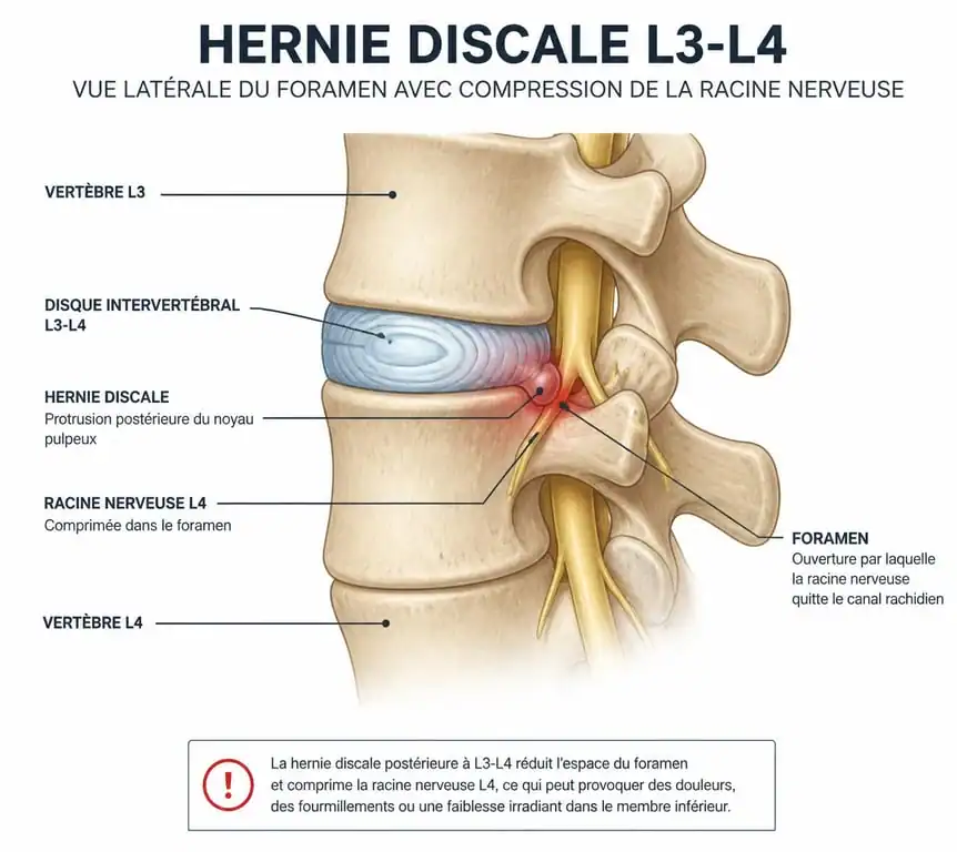 Schéma anatomique d'une hernie foraminale L3-L4 comprimant la racine nerveuse