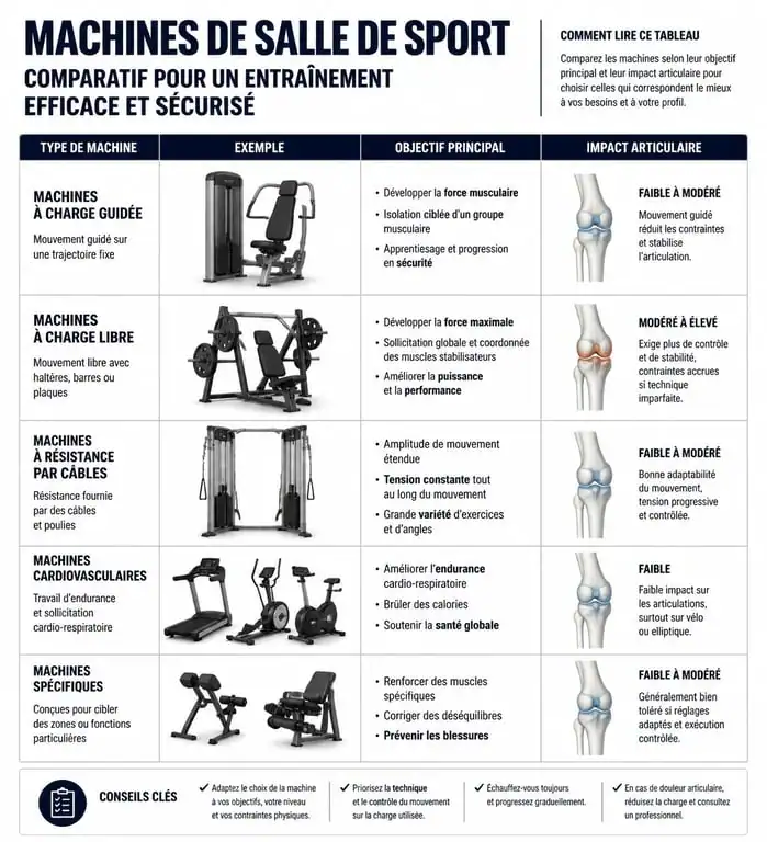 Tableau comparatif des machines de salle de sport : cardio, musculation et renforcement musculaire