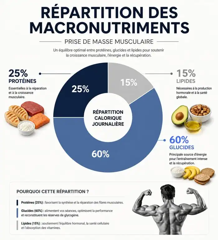 Infographie sur la répartition des macronutriments pour la prise de masse musculaire