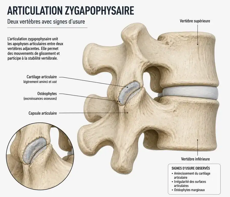 Schéma anatomique illustrant l'arthrose zygapophysaire et ses impacts sur la colonne vertébrale