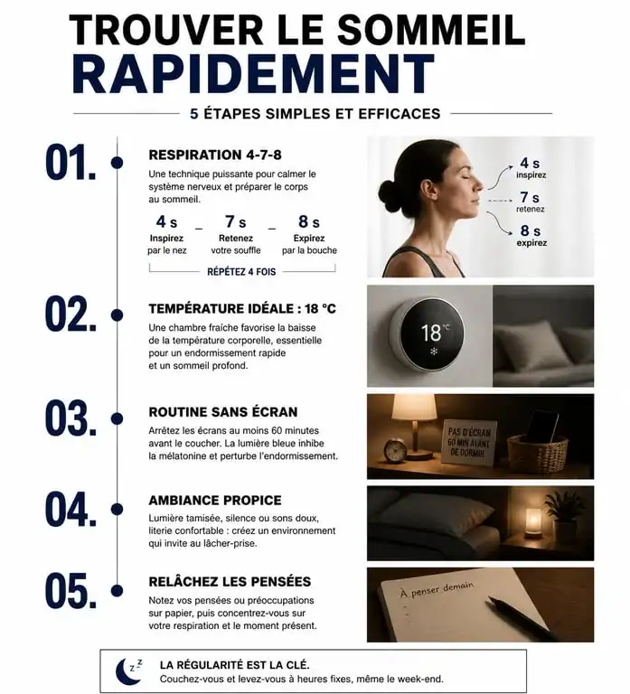 Infographie des conseils pour trouver le sommeil rapidement et améliorer son endormissement