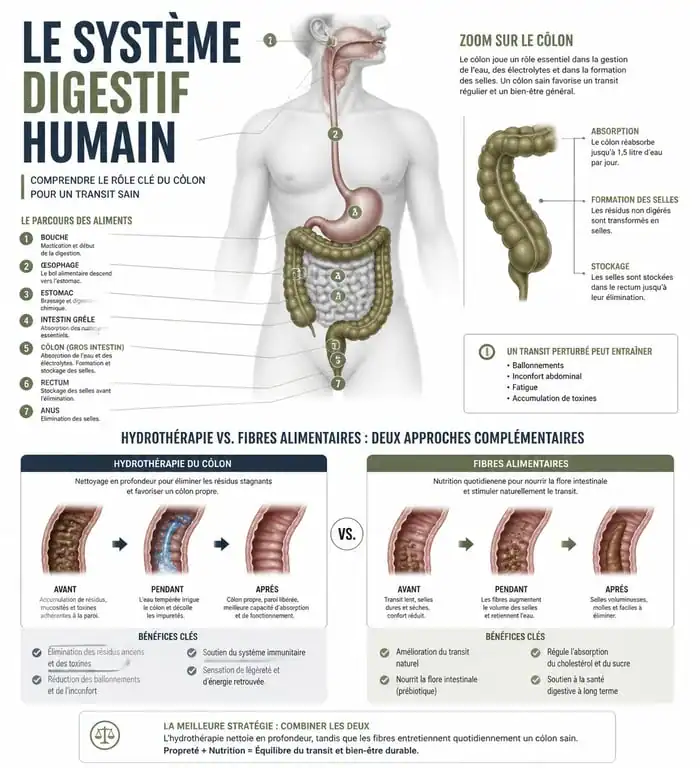 Infographie sur le fonctionnement du côlon et les méthodes de nettoyage pour la perte de poids