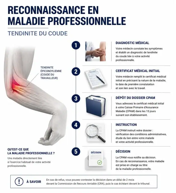 Infographie des étapes de reconnaissance d'une tendinite du coude en maladie professionnelle