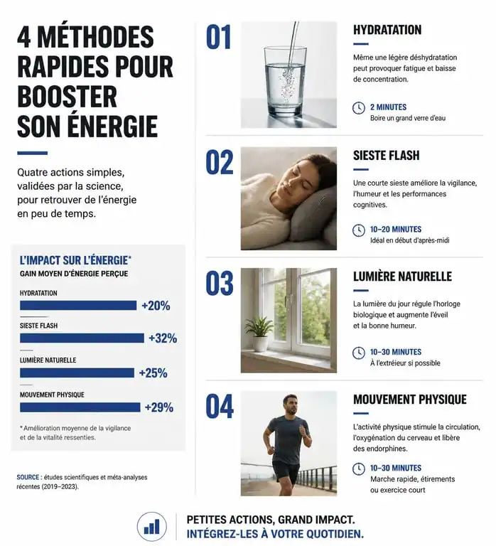 Infographie des méthodes pour avoir de l'énergie rapidement et lutter contre la fatigue