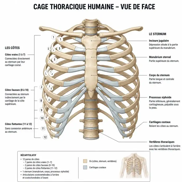 Schéma anatomique de la cage thoracique pour comprendre la douleur aux côtes après une chute
