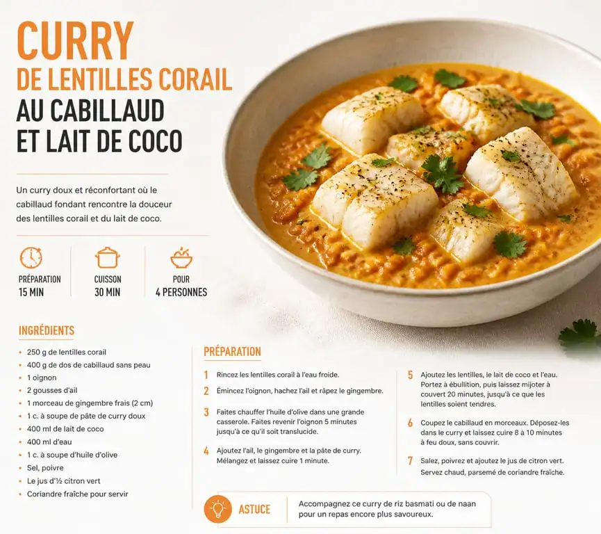 Curry de lentilles corail au cabillaud et lait de coco, un repas riche en protéines sain et équilibré