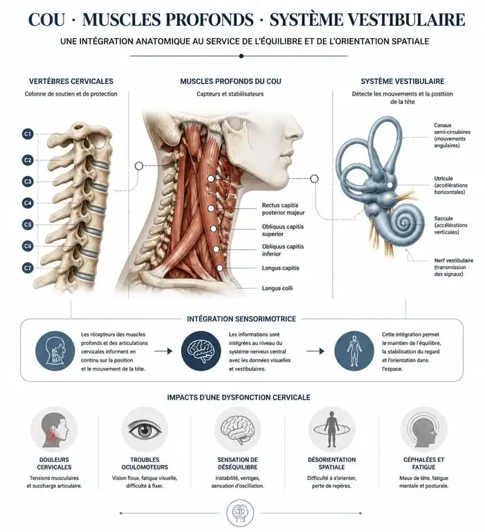 Schéma explicatif des vertiges cervicogènes et de la relation entre les cervicales et l'équilibre