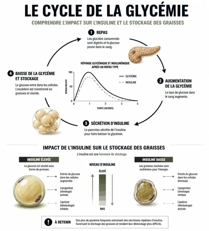 Infographie expliquant le mécanisme de la glycémie et de l'insuline pour la perte de poids sans régime