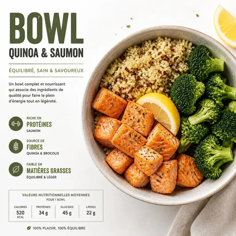 Bowl de quinoa au saumon et brocolis pour une recette pour maigrir le ventre