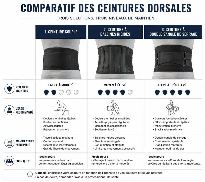 Comparatif des types de ceinture dorsale homme : souple, baleines rigides et double sangle