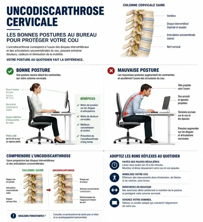 Infographie sur les postures au bureau pour prévenir l'uncodiscarthrose et les douleurs cervicales