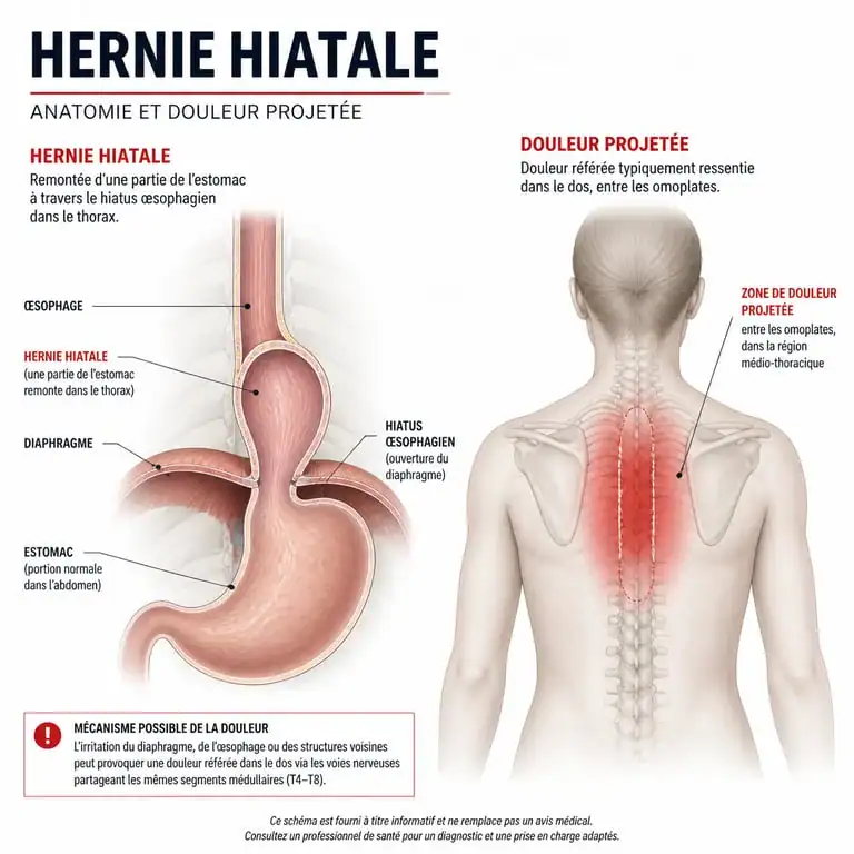 Schéma anatomique illustrant le lien entre la hernie hiatale et la douleur au dos