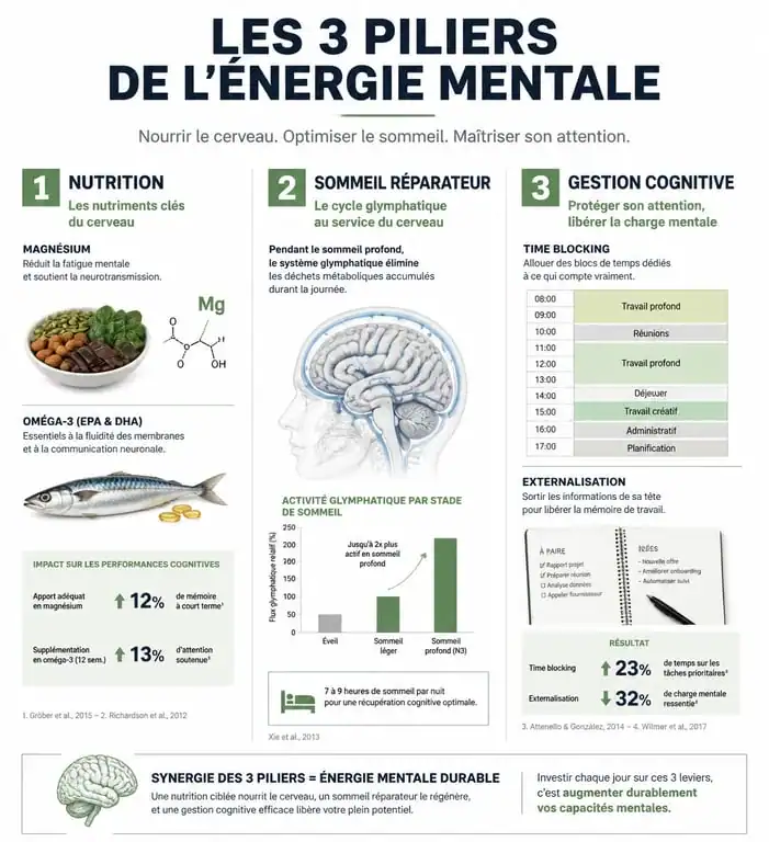 Infographie sur les piliers pour retrouver de l'énergie mentale et combattre le brouillard mental