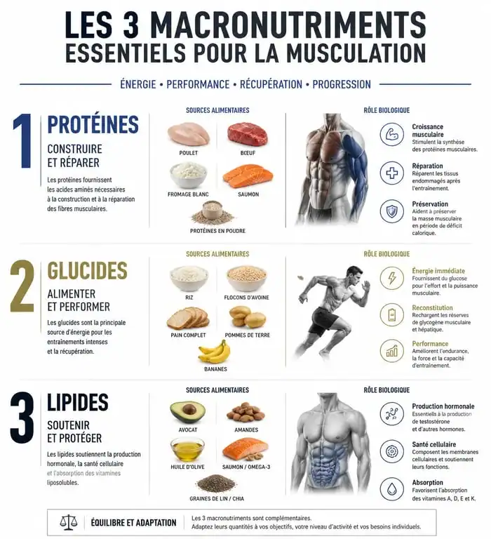 Infographie nutrition pour la musculation : rôle des protéines, glucides et lipides