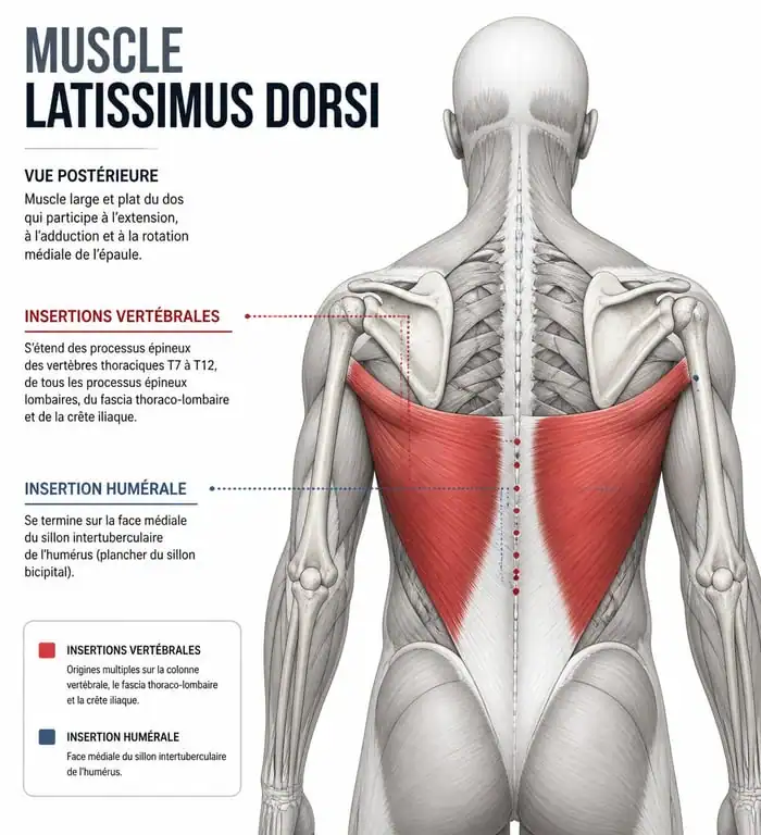Schéma anatomique du muscle latissimus dorsi montrant ses insertions et sa structure