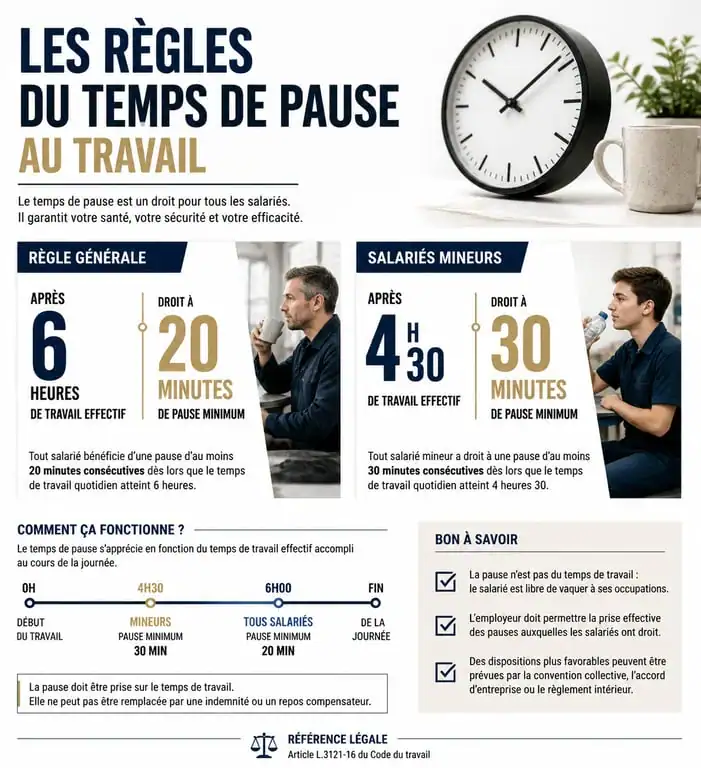 Infographie récapitulative des règles du temps de pause pour 7h de travail selon le Code du travail