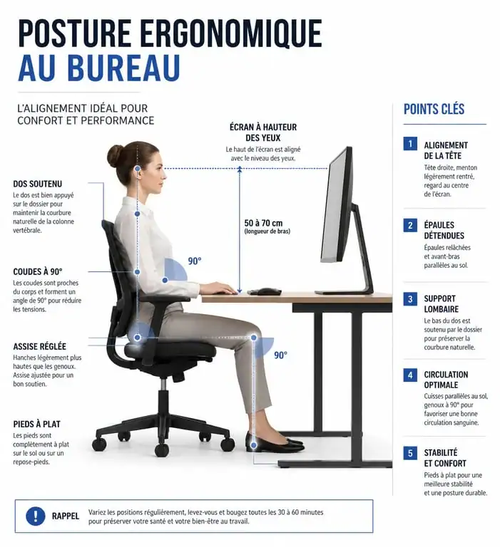Schéma de la posture ergonomique idéale sur un fauteuil de bureau ergonomique médical pour prévenir les TMS